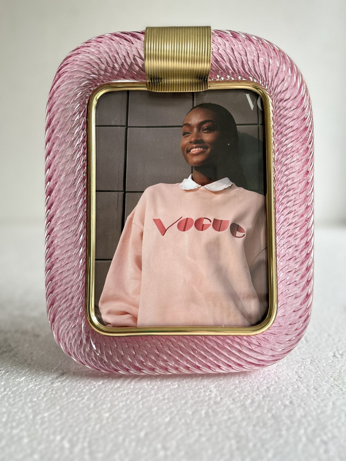 Mid Century Modern Style Pink "Torchon" Murano Glass Small Picture Frame And Brass In Barovier Style photo buy