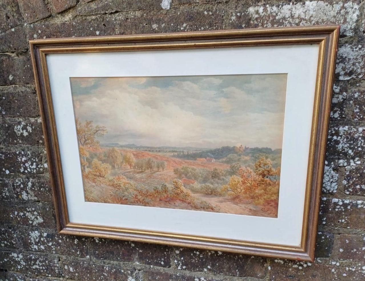 Antique Signed English Countryside Autumn Scene By C. Pyne, Framed Vintage British Art, C. Pyne Watercolour Landscape Early 20th Century
