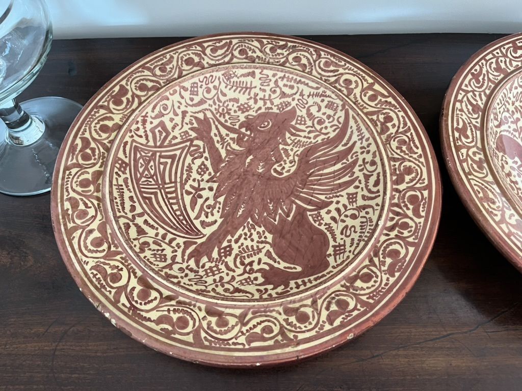 Pair Of 19c Bronze Lustre Ware Chargers With Hanging Bars photo furniture