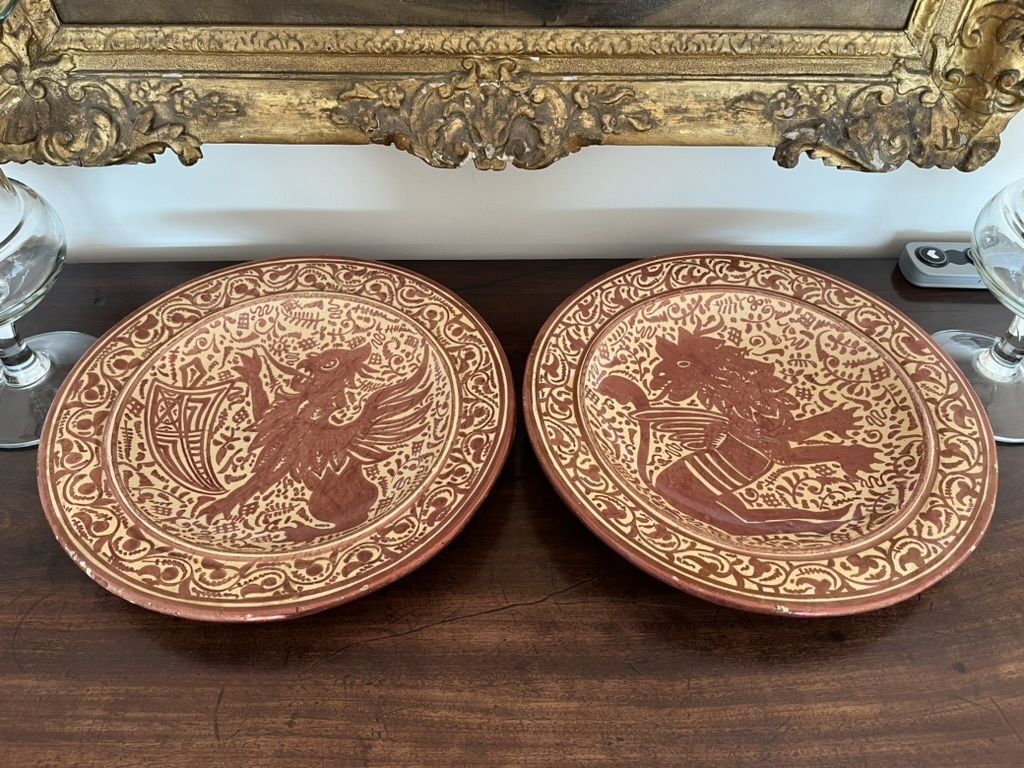 Pair Of 19c Bronze Lustre Ware Chargers With Hanging Bars
