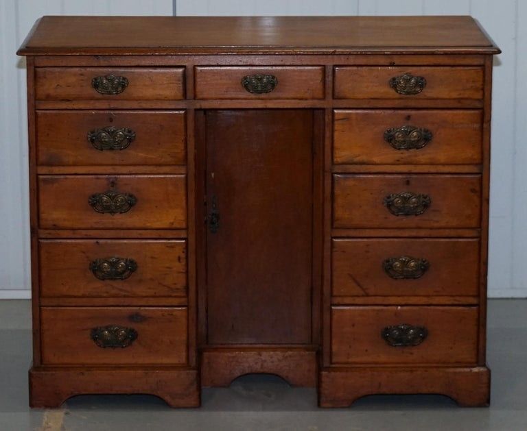 Small Victorian 1880 Solid Walnut Knee Hole Writing Desk Lots Of Drawers Storage photo for sale