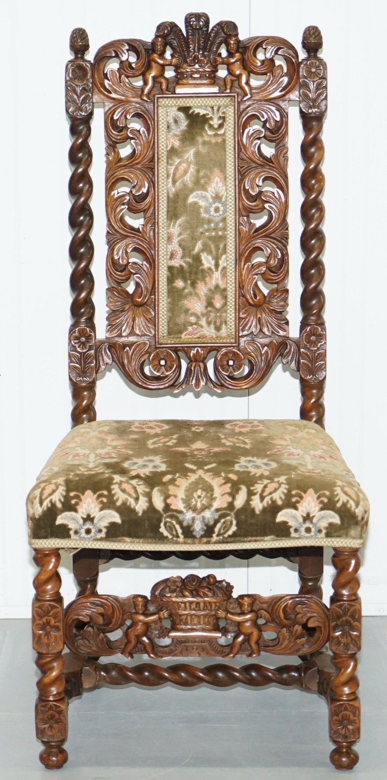 Very Rare Pair Of 18th Century Fruitwood Heavily Carved Chair Cherubs Crown photo for sale