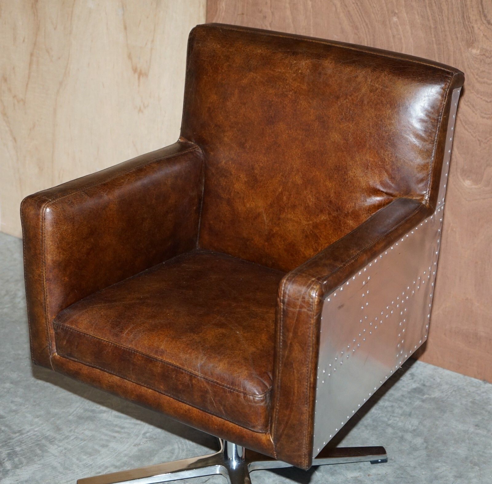1 Of 2 Hand Dyed Brown Leather Aviator Hammered Metal Swivel Captains Armchairs photo Furniture