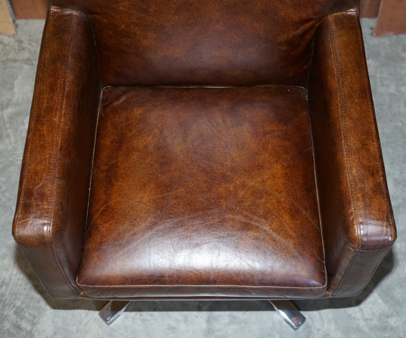 1 Of 2 Hand Dyed Brown Leather Aviator Hammered Metal Swivel Captains Armchairs photo vinterior