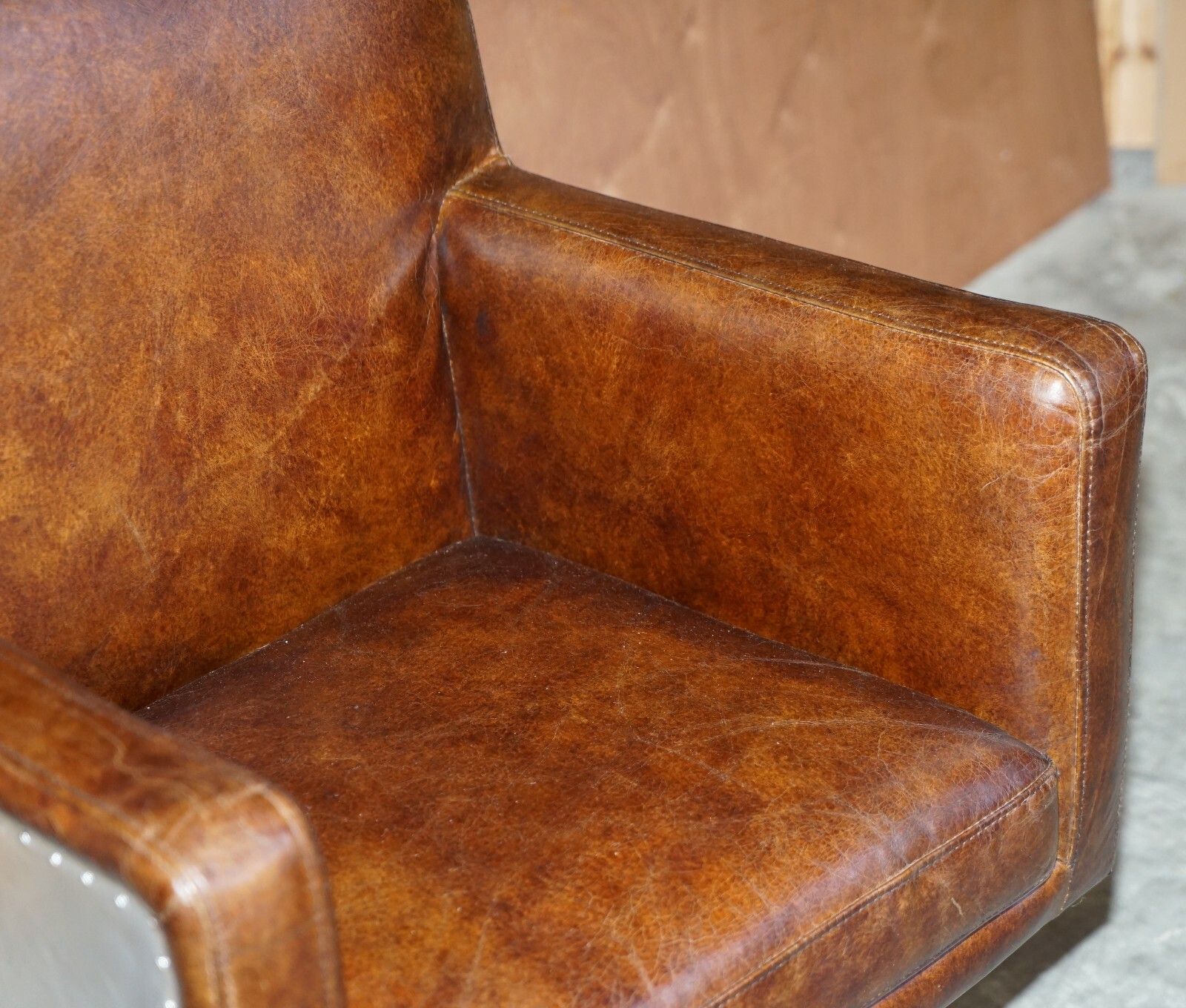 1 Of 2 Hand Dyed Brown Leather Aviator Hammered Metal Swivel Captains Armchairs photo buy