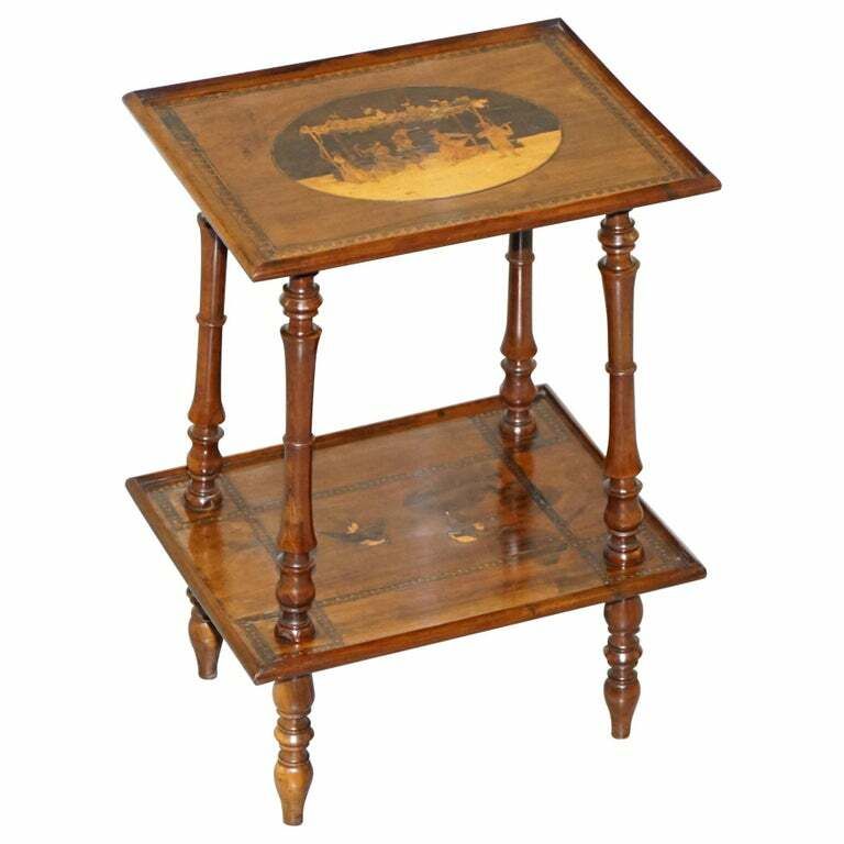 Rare 19th Century Italian Side Lamp Table Marquetry Inlaid Dancers To The Top