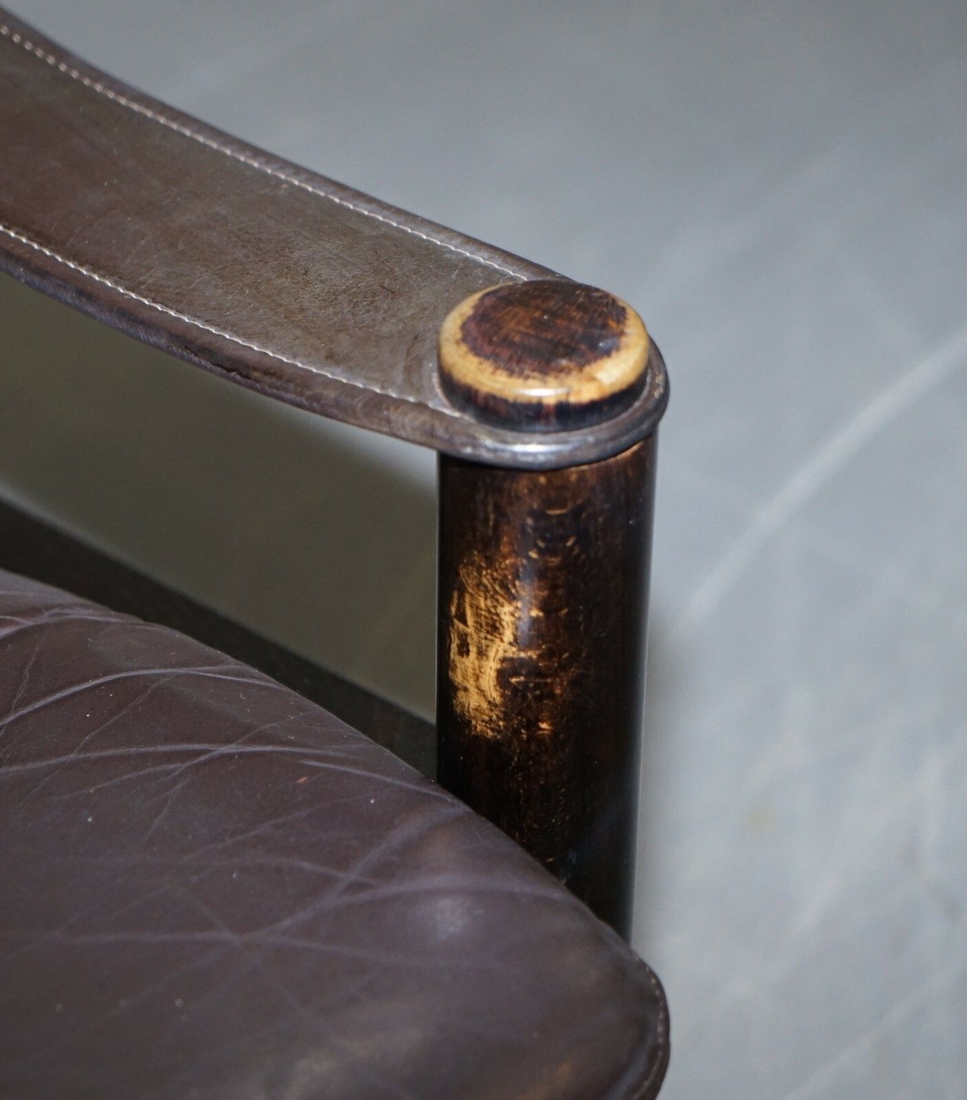 Lovely Danish Brown Leather Mid Century Modern Armchair & Chesterfield Footstool photo buy