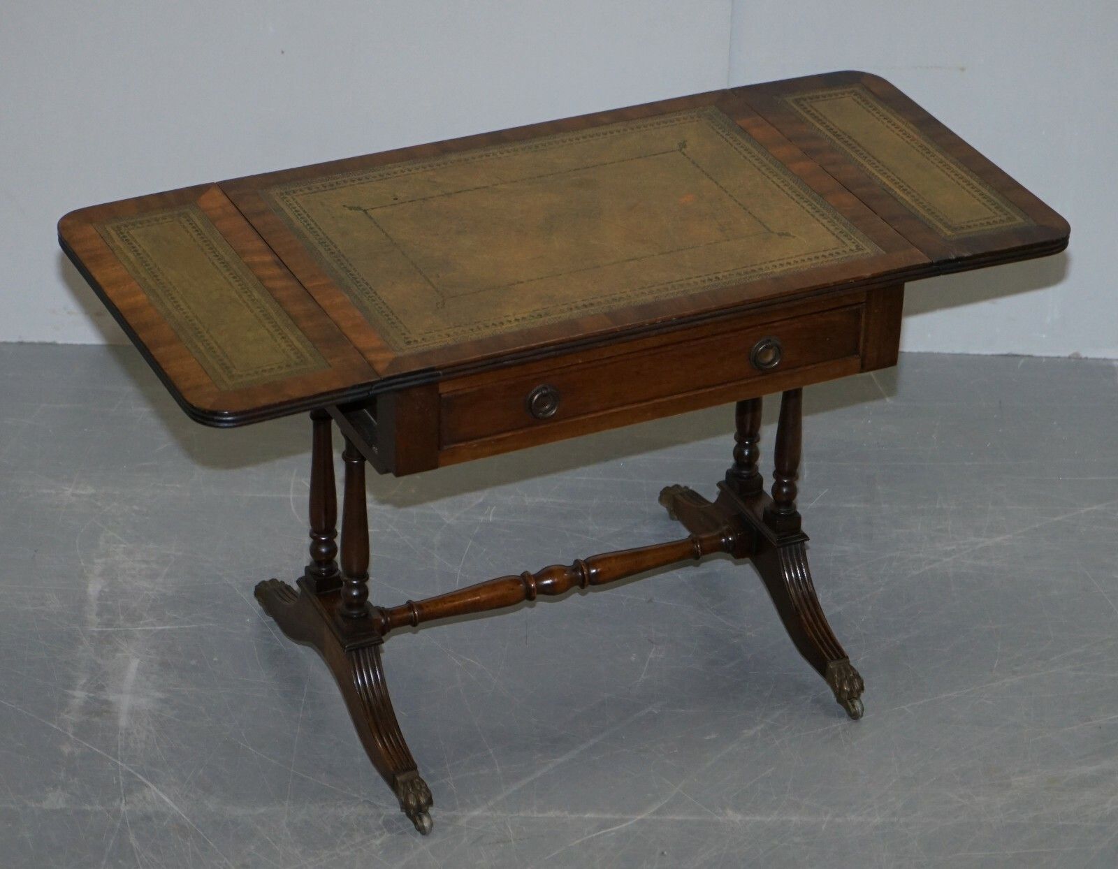 Large Bevan Funnell Green Leather Extending Mahogany Side End Lamp Card Table photo vintage