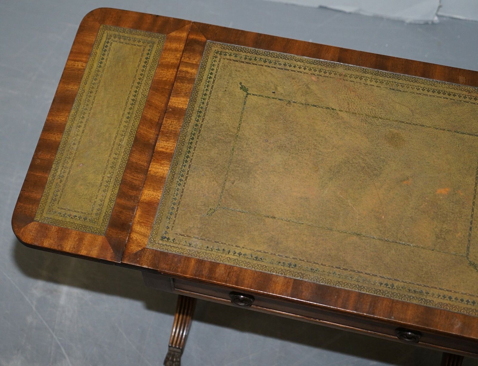 photo for sale Large Bevan Funnell Green Leather Extending Mahogany Side End Lamp Card Table
