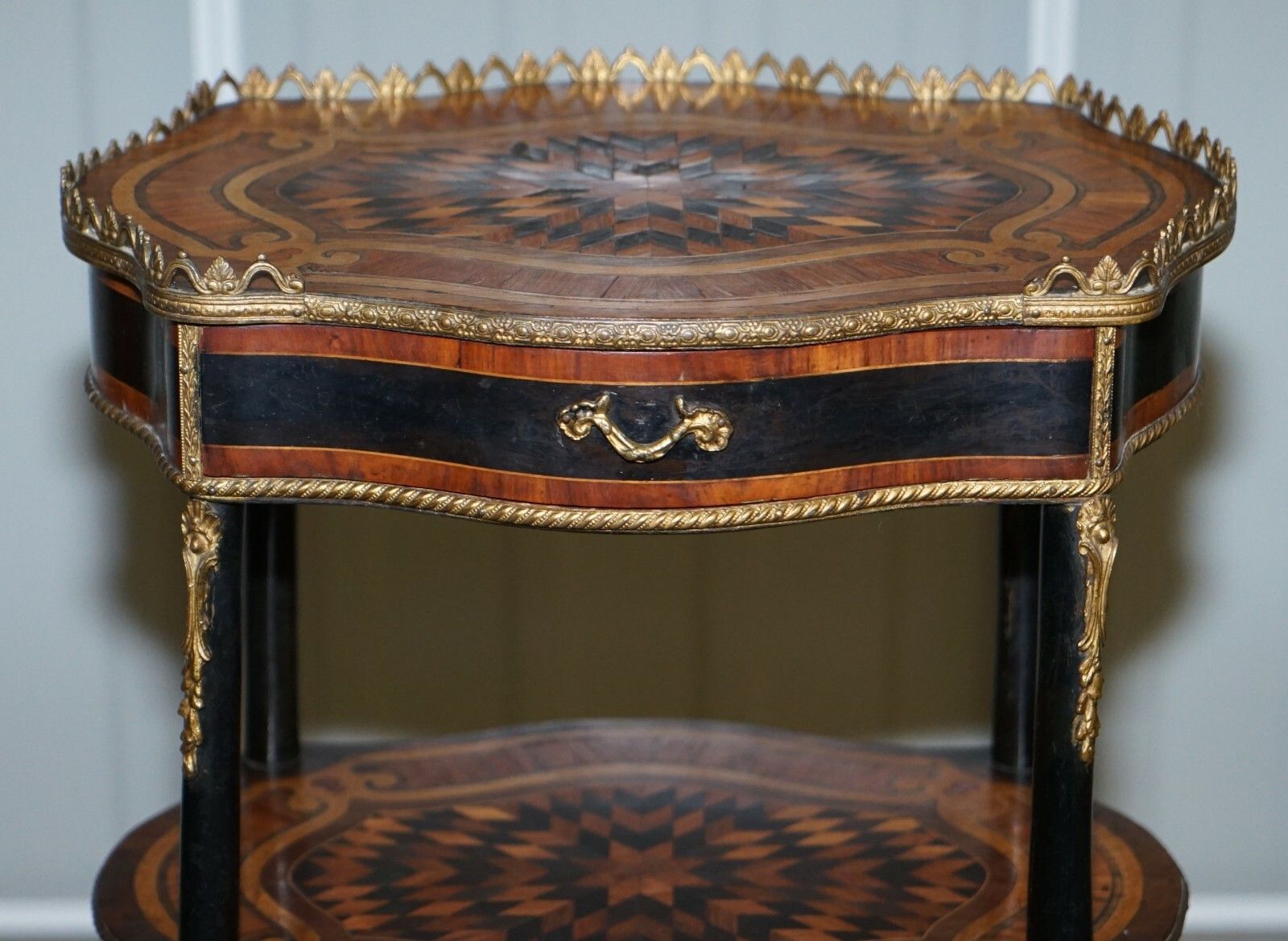 Napoleon III Brass Gallery Fruitwood Ebonised & Inlaid Three Tired Side Table photo vinterior