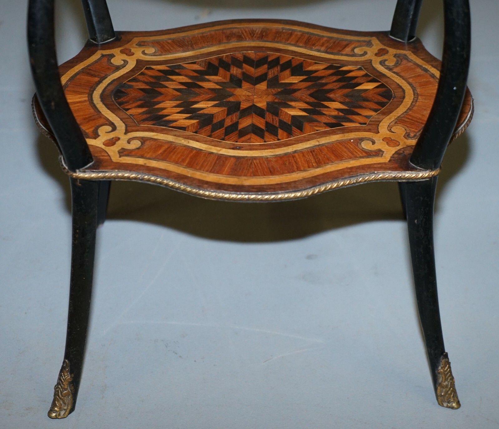 Napoleon III Brass Gallery Fruitwood Ebonised & Inlaid Three Tired Side Table photo vintage