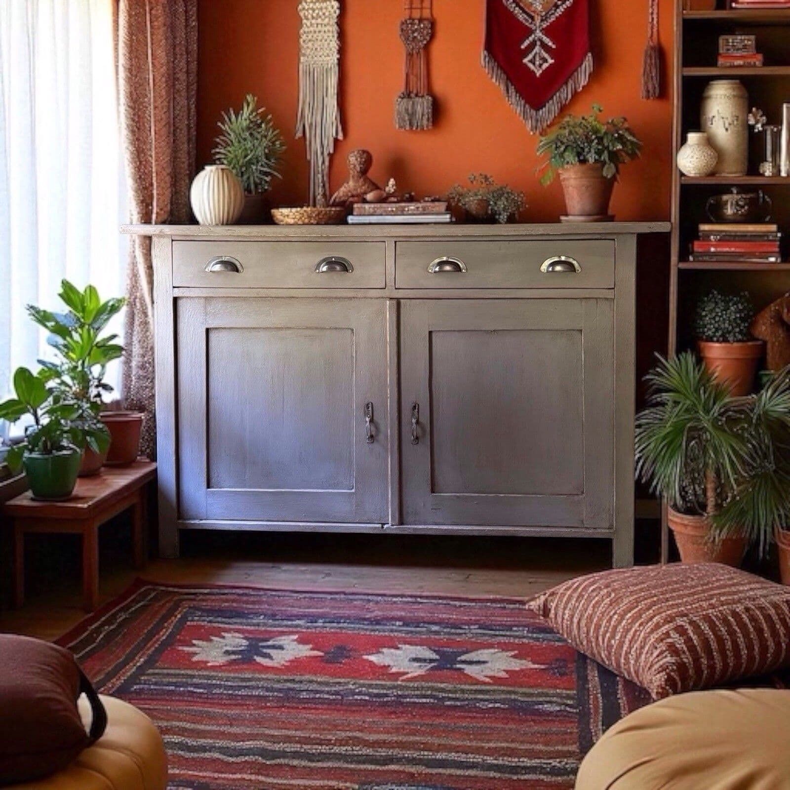 Antique European Style Grey Painted Pine Glazed Dresser Display Cabinet Cupboard