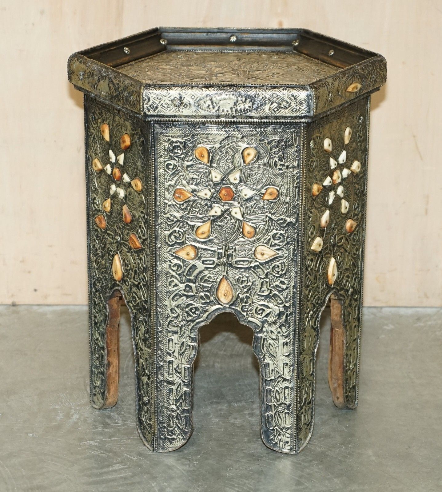 Antique Indian Repousse Pewter With Stone Inlaid Detailing Side Lamp Wine Table photo for sale