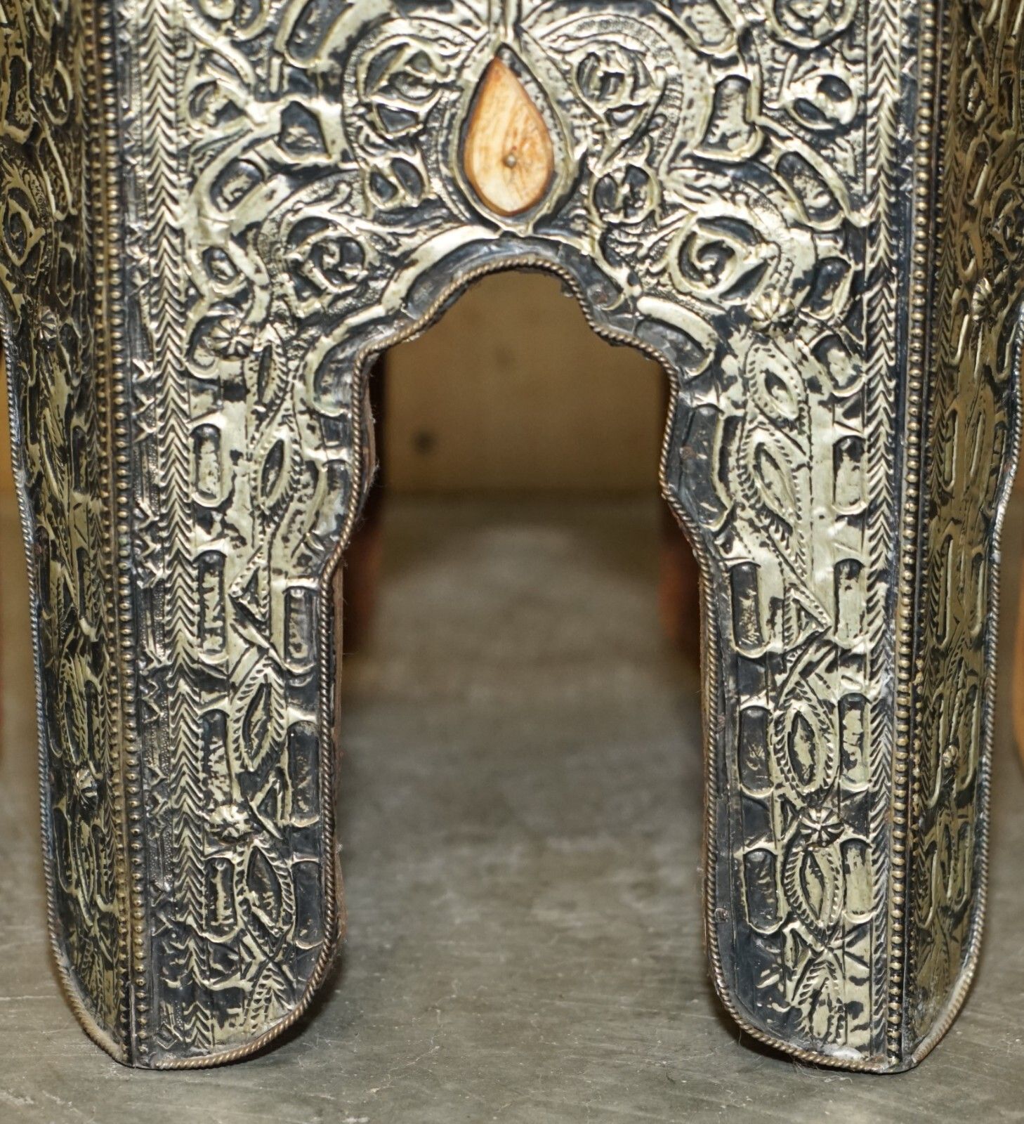 photo for sale Antique Indian Repousse Pewter With Stone Inlaid Detailing Side Lamp Wine Table