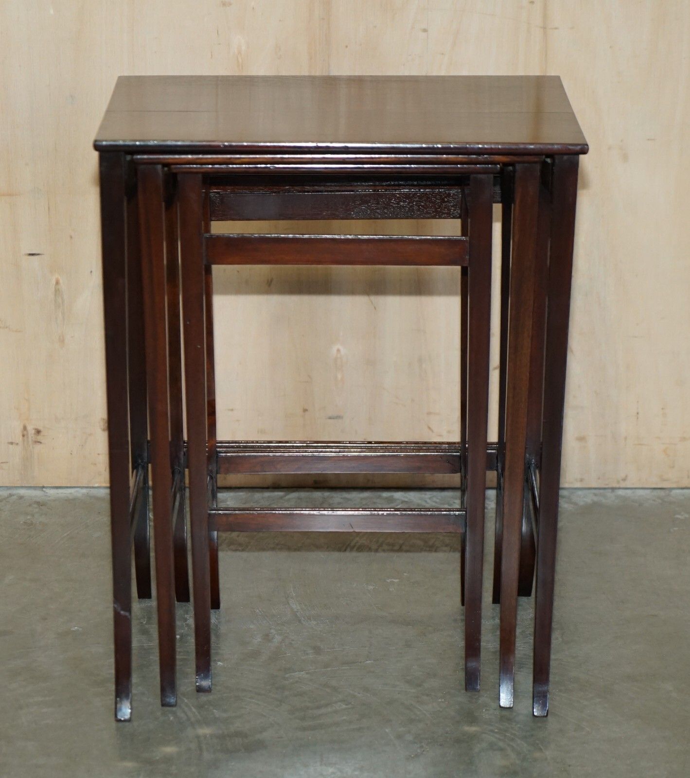 Vintage Circa 1940's English Mahogany Nest Of Three Side End Lamp Wine Tables photo for sale
