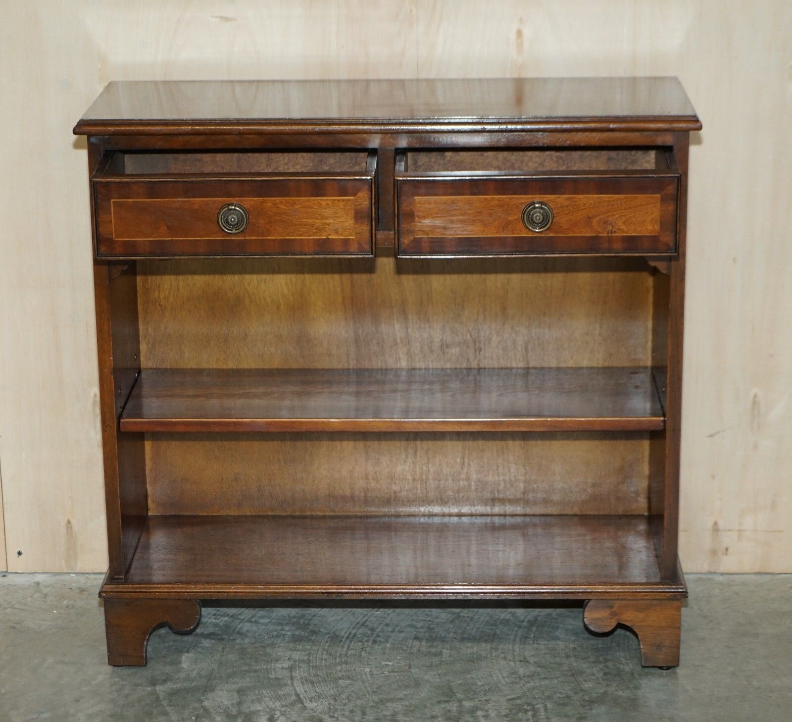 photo for sale Vintage Two Drawer Bevan Funnell Flamed Mahogany Dwarf Open Library Bookcase