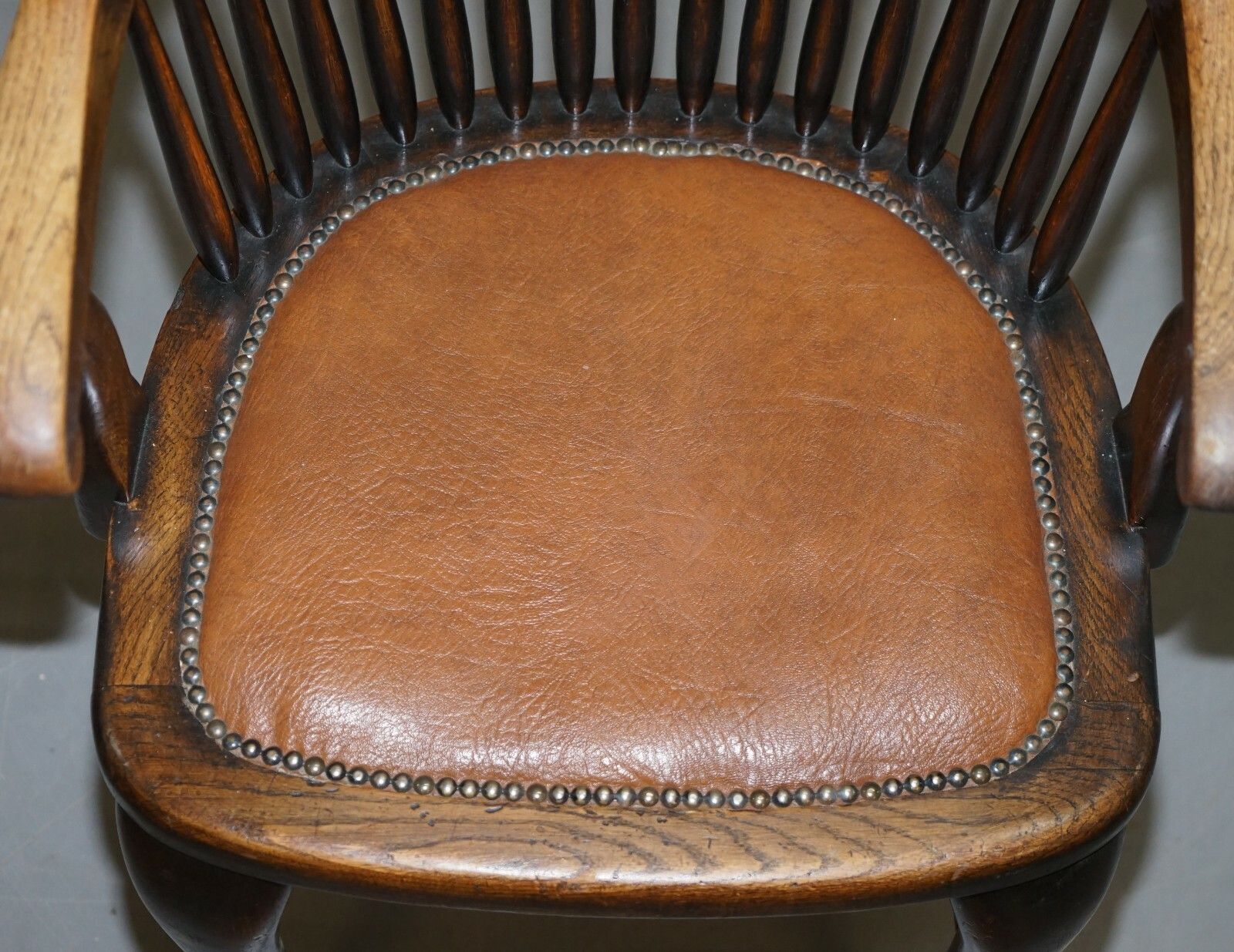 English Edwardian Ralph Johnson Oak Spindle Back Captains Office Desk Armchair photo buy