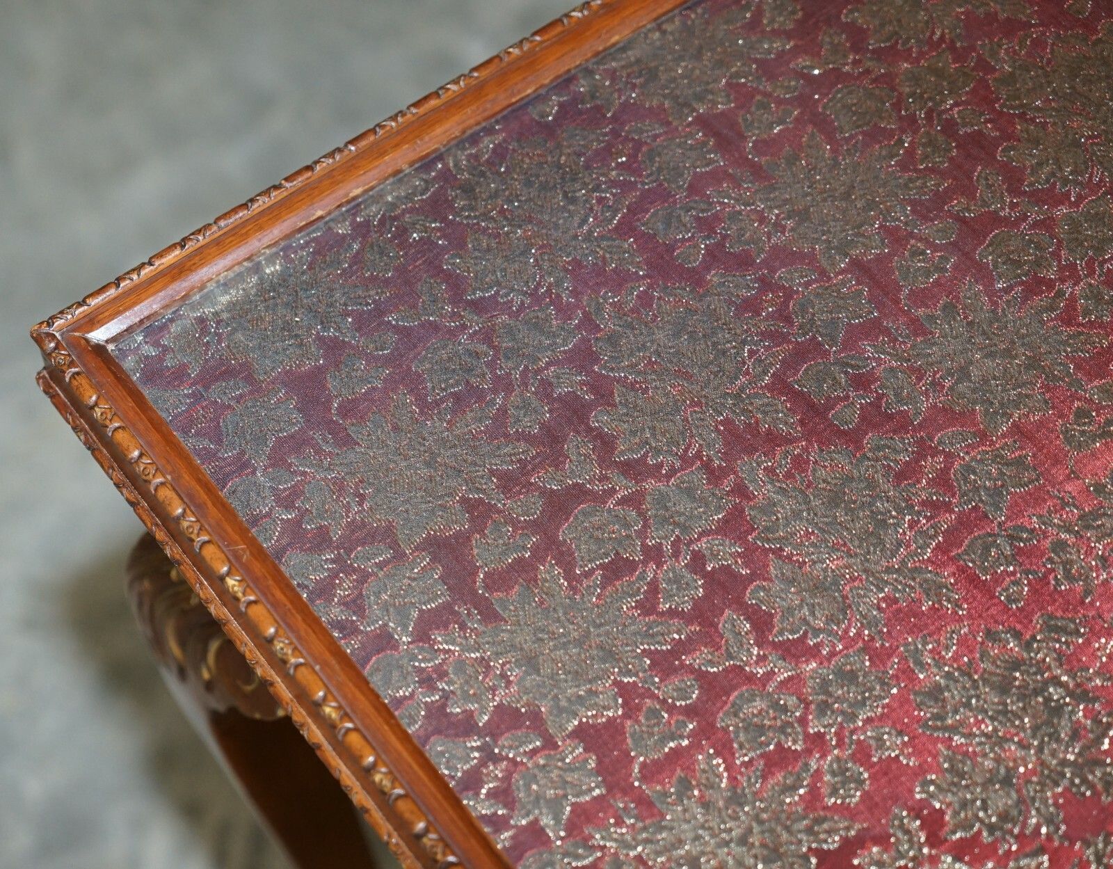 photo for sale Lovely Vintage Writing Table Desk In Mahogany With Silk Embroidered Glass Top