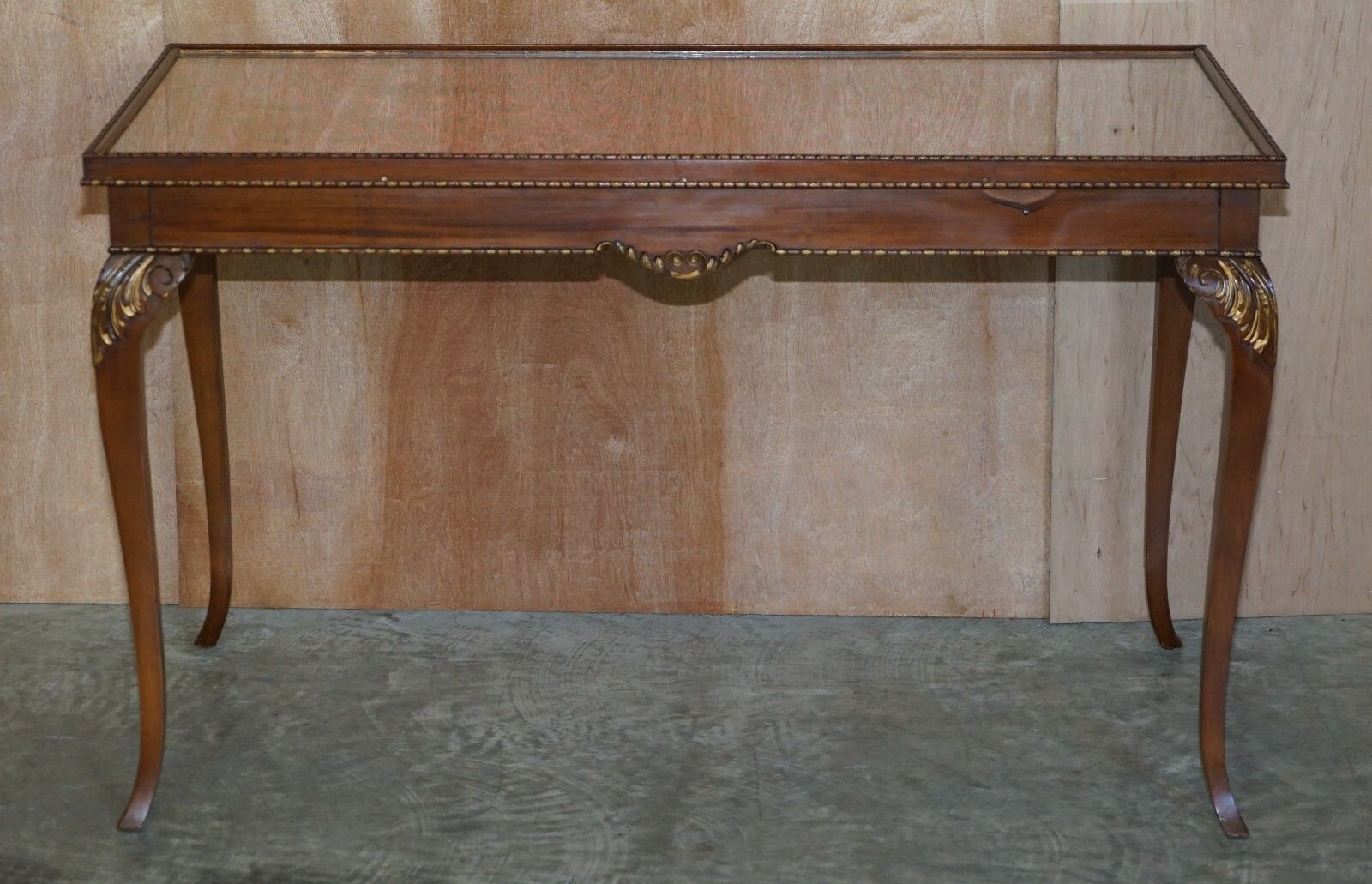 700.0 Lovely Vintage Writing Table Desk In Mahogany With Silk Embroidered Glass Top photo