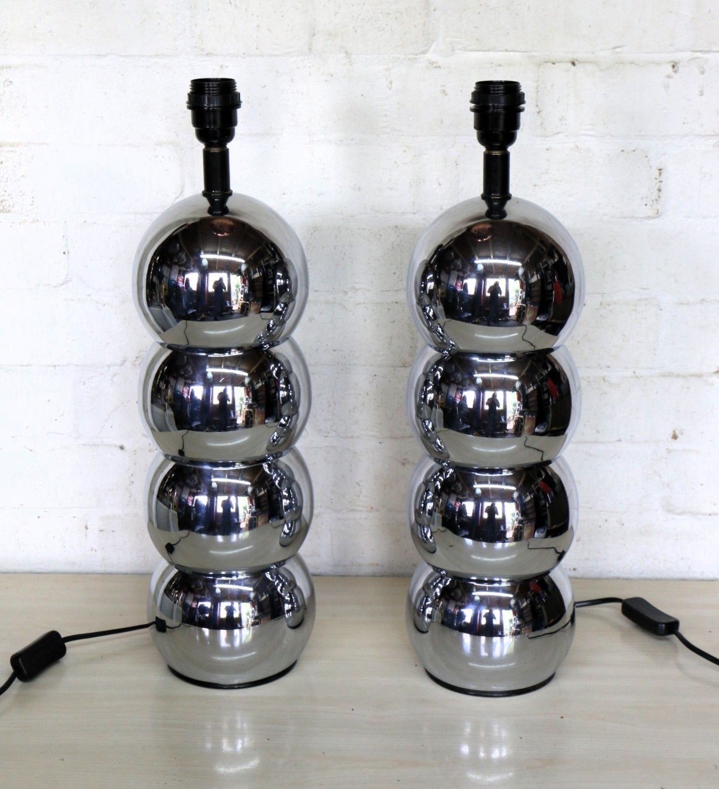 Pair Vintage Table Lamps Mid Century Stacked Chrome Lamps George Kovacs Style photo furniture