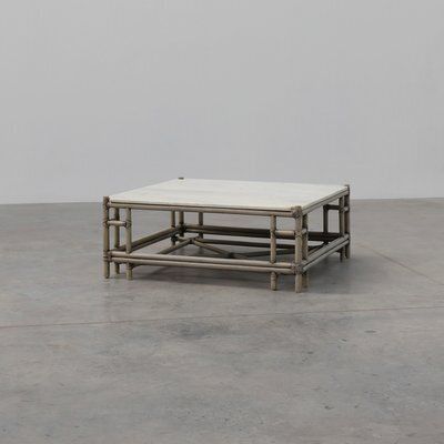 Large Wicker Attila Series Coffee Table With Marble Top By Gasparucci, 1980s