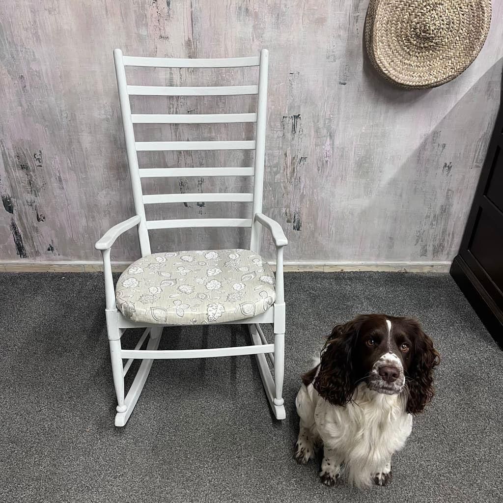 Vintage Wooden Rocking Chair Painted White Upholstered Seat Ladder Back photo furniture