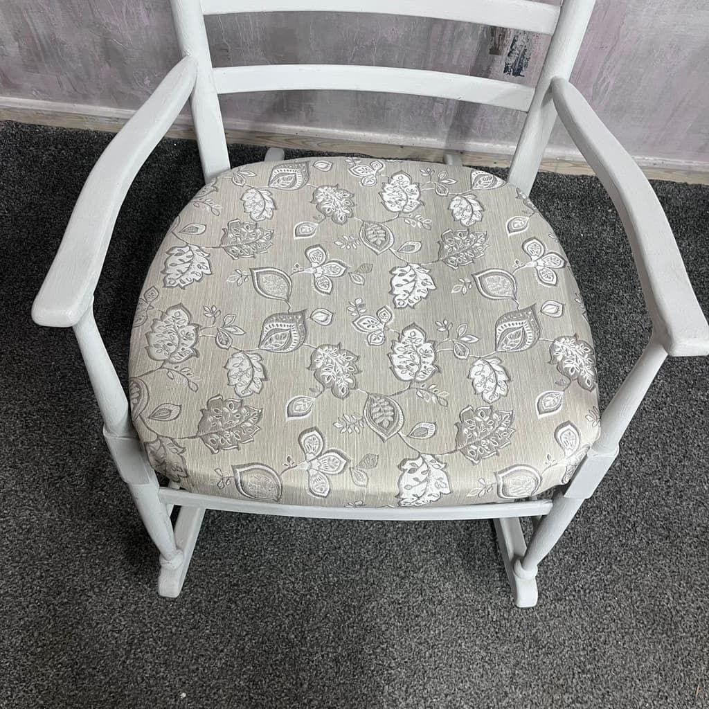 Vintage Wooden Rocking Chair Painted White Upholstered Seat Ladder Back photo vinterior