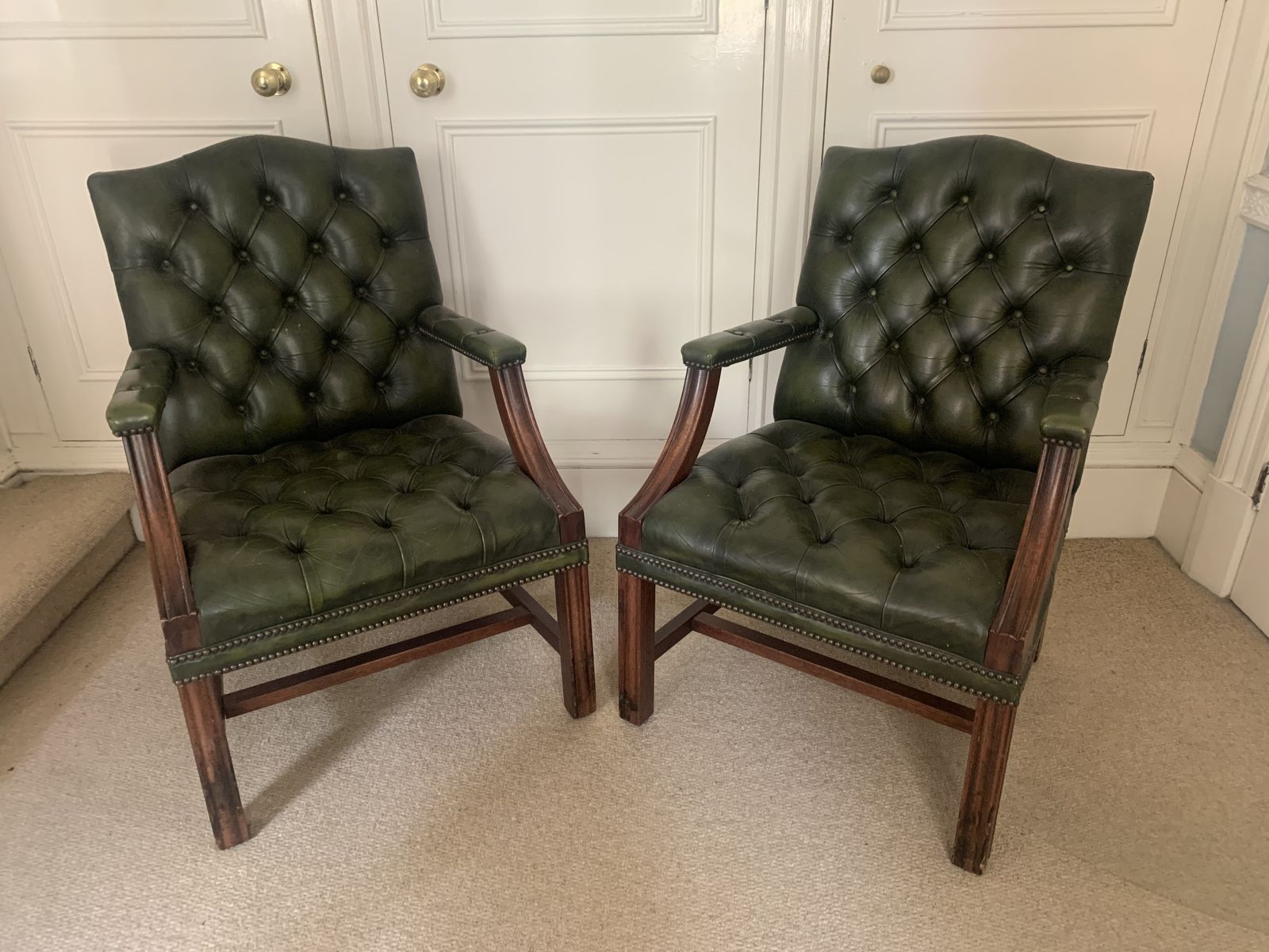 photo for sale Pair Of Dark Green Leather Chesterfield Style Button Back Library Armchairs | Millbrook 20th Century