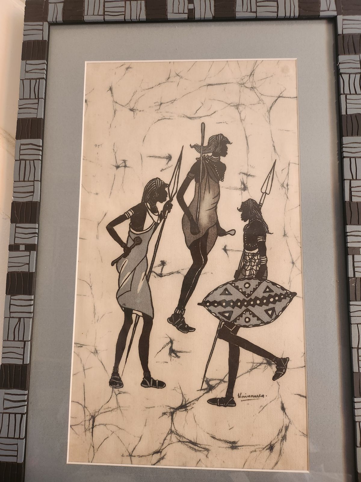 African Hunters Batik Painting By Kenyan Artist Kiwanuka Nairobi photo for sale