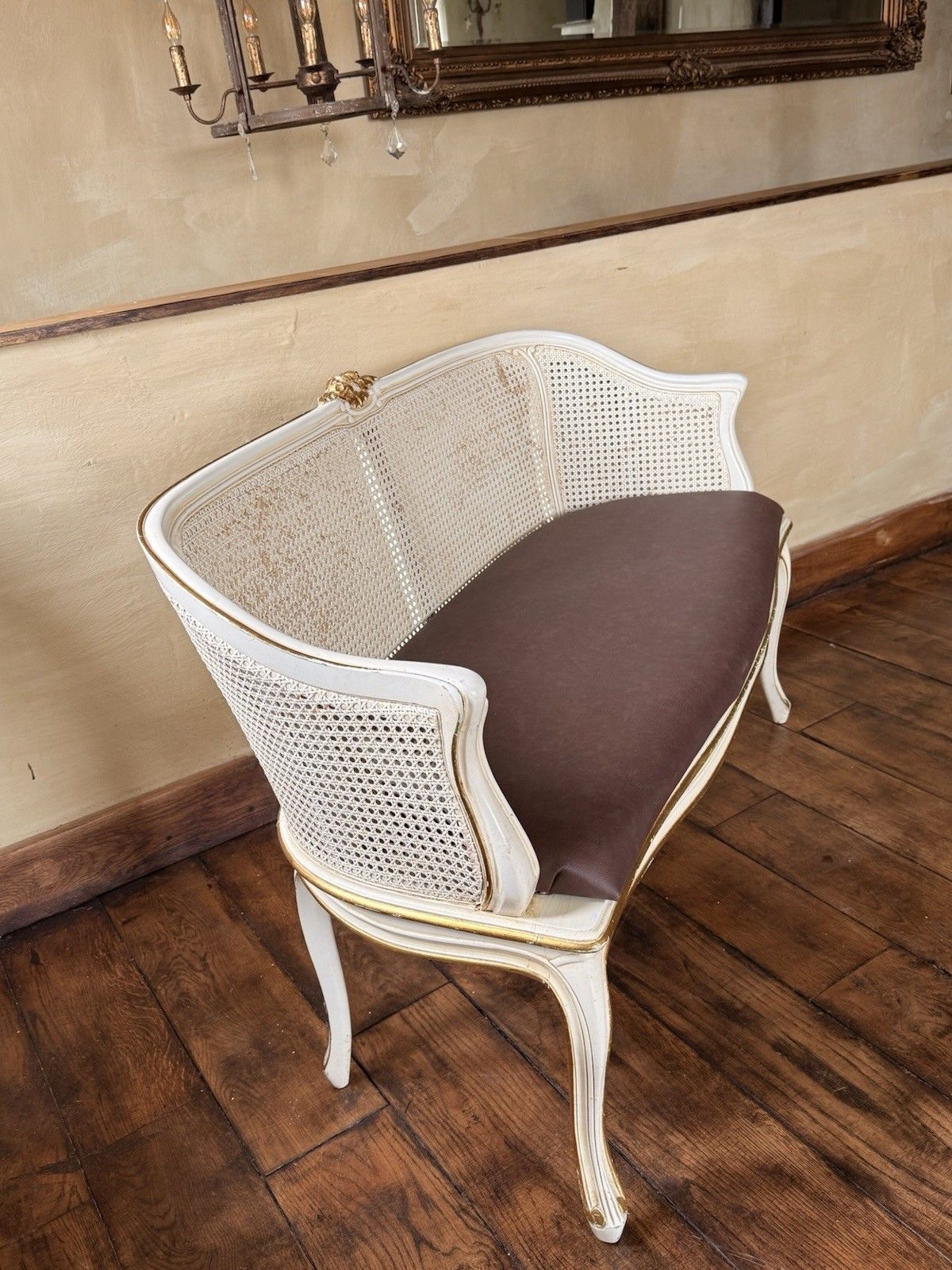 French Vintage Bergere Cane Gold White Ivory Chaise Longue Loveseat Sofa  127 Cm photo Furniture