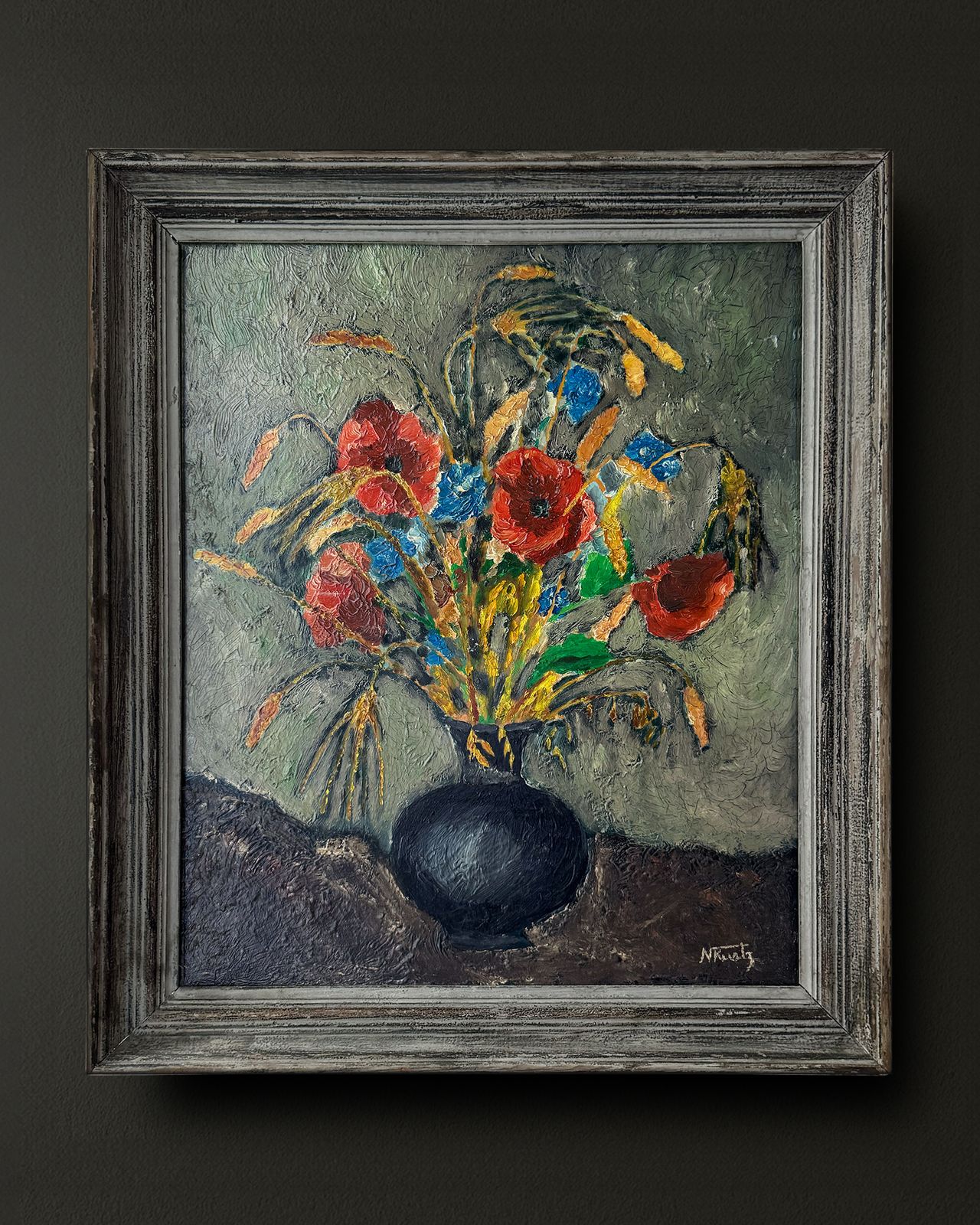 photo for sale Antique Floral Oil Painting In Original Frame — Signed By N. Kurtz (1930s)