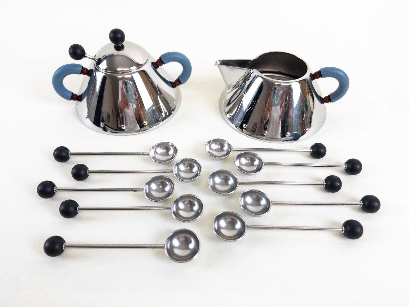Alessi Sugar And Creamer Set With 11 Coffee Spoons Designed By Michael Graves   Postmodern Design photo furniture