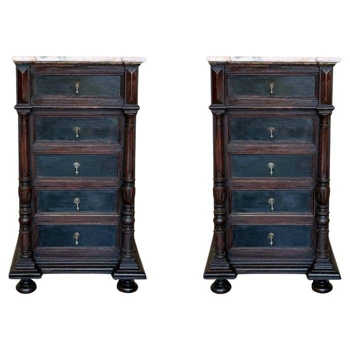20th Century Pair Of Biedermeier Bedside Tables With Four Drawers In Ebonized Marble