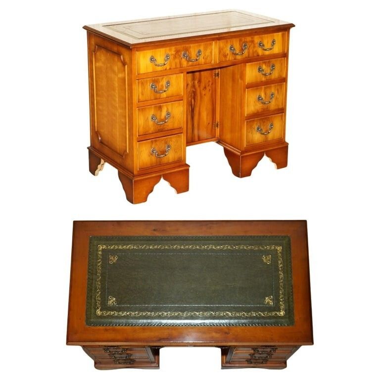 Stunning Small Burr & Burl Yew Wood With Green Leather Top Twin Pedestal Desk