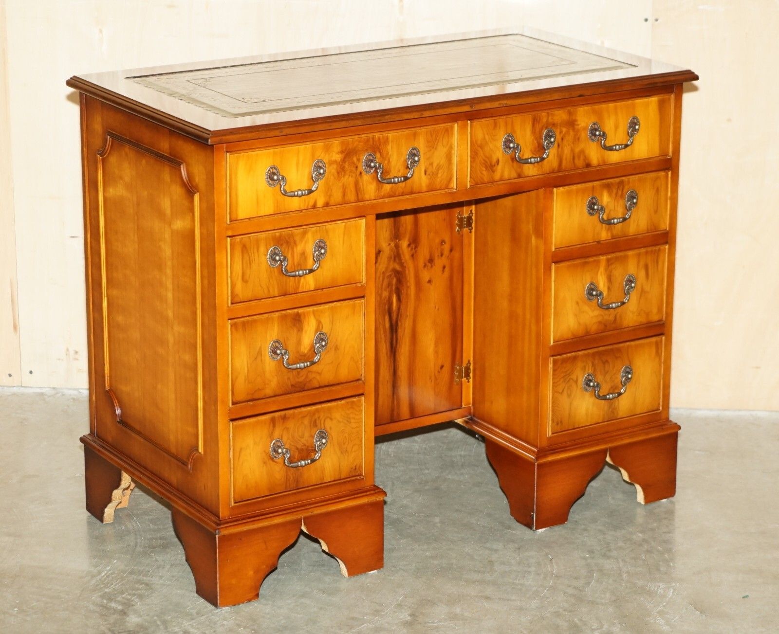 Stunning Small Burr & Burl Yew Wood With Green Leather Top Twin Pedestal Desk photo furniture