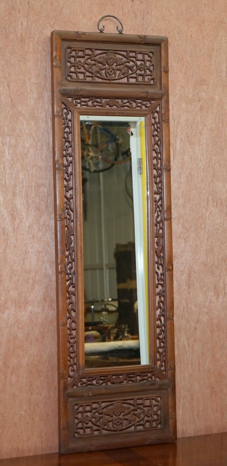 Carved Chinese Wood Mirror Panel Depicting Bats Symbol Of Happiness Good Fortune photo for sale