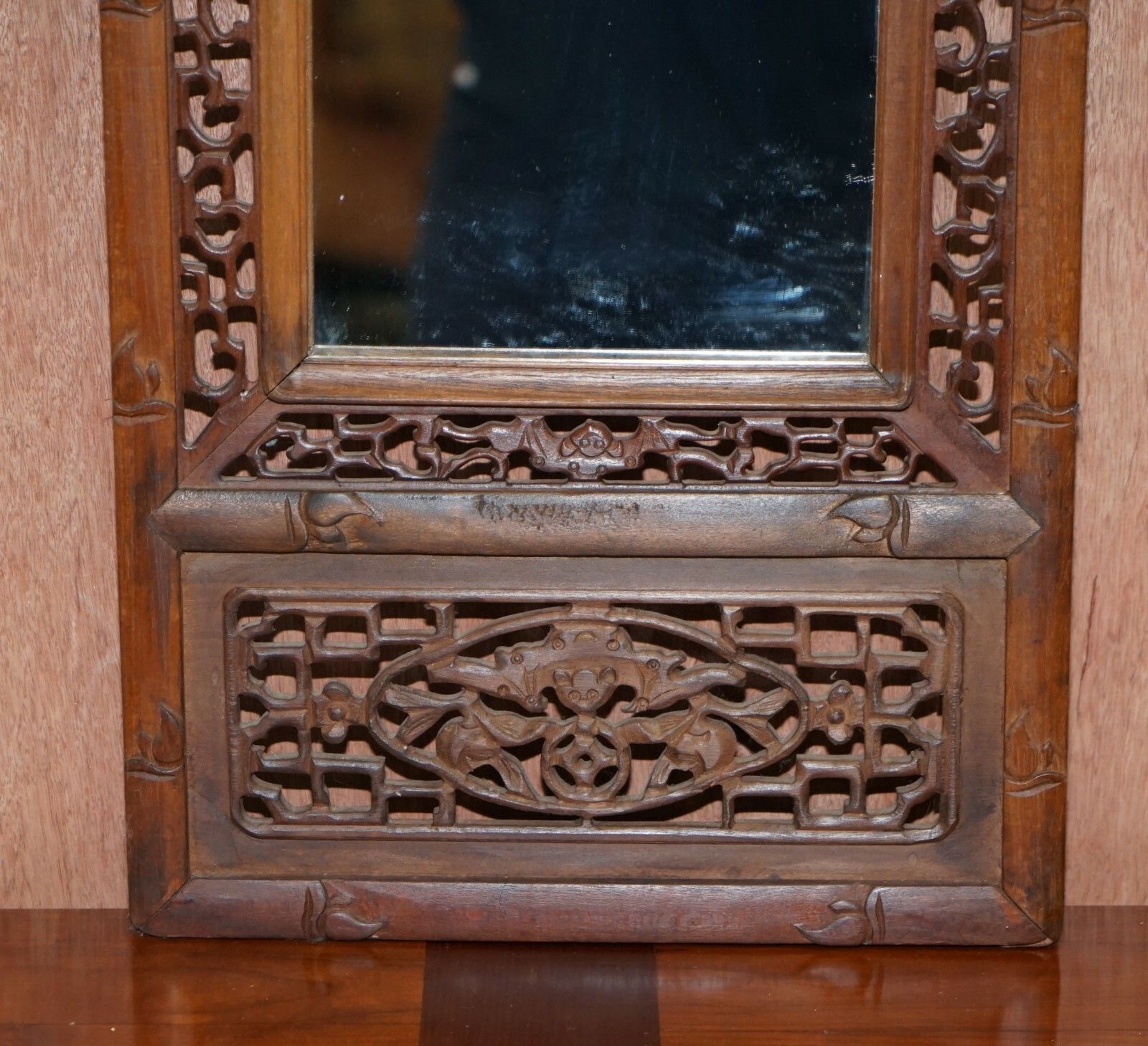 Carved Chinese Wood Mirror Panel Depicting Bats Symbol Of Happiness Good Fortune photo Home Decor