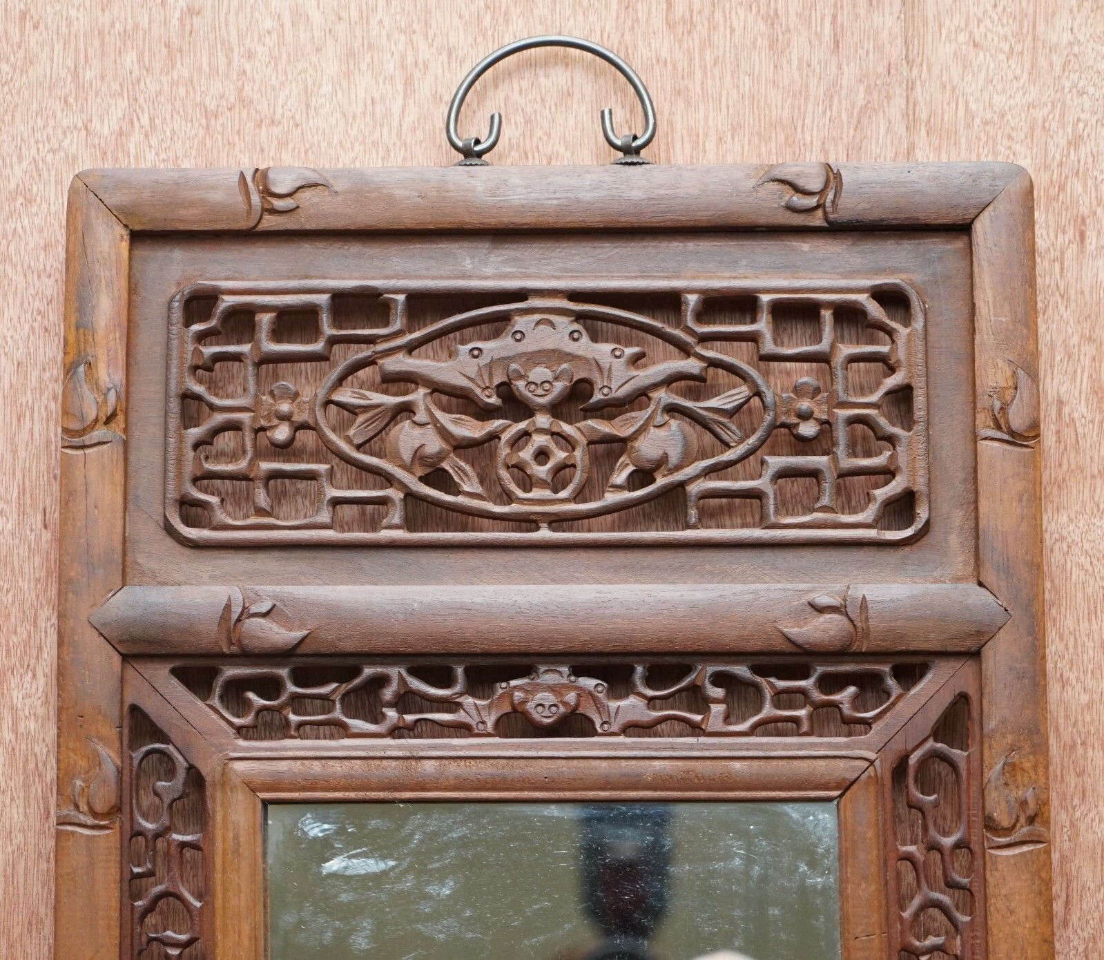 Carved Chinese Wood Mirror Panel Depicting Bats Symbol Of Happiness Good Fortune photo 703.0