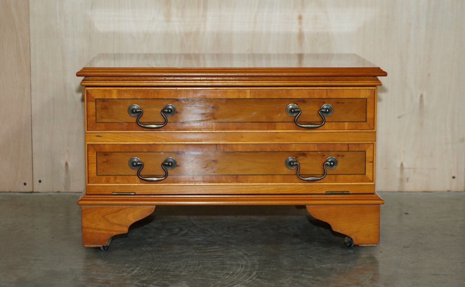 Burr Yew Wood Drop Front Media Television Stand Designed To Hide Sky Boxes Etc photo for sale