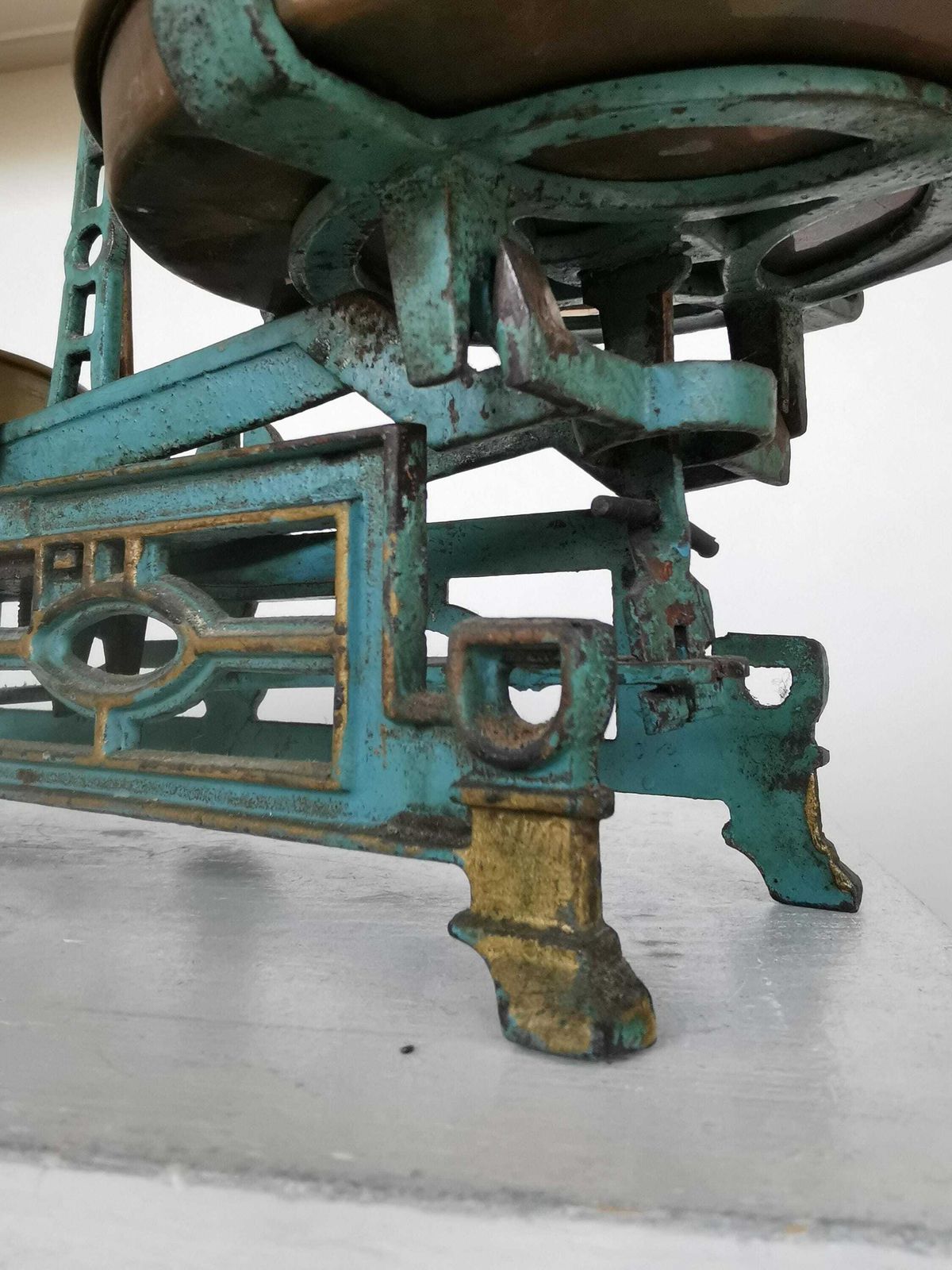 photo for sale Antique Cast Iron Balance Scale With Brass Pans And Weights / 1960s Yugoslavia