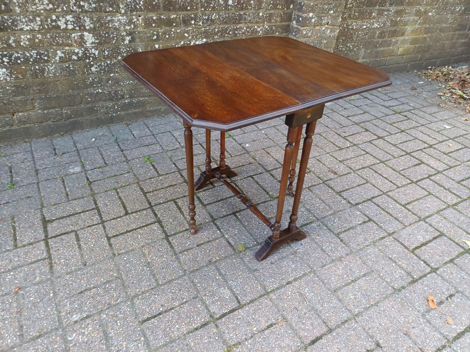 Antique Solid Mahogany Inlaid Sutherland Table 19thc Drop Leaf Folding Occasional Side Lamp Tea Table With Turned Legs & Porcelain Castors photo vinterior