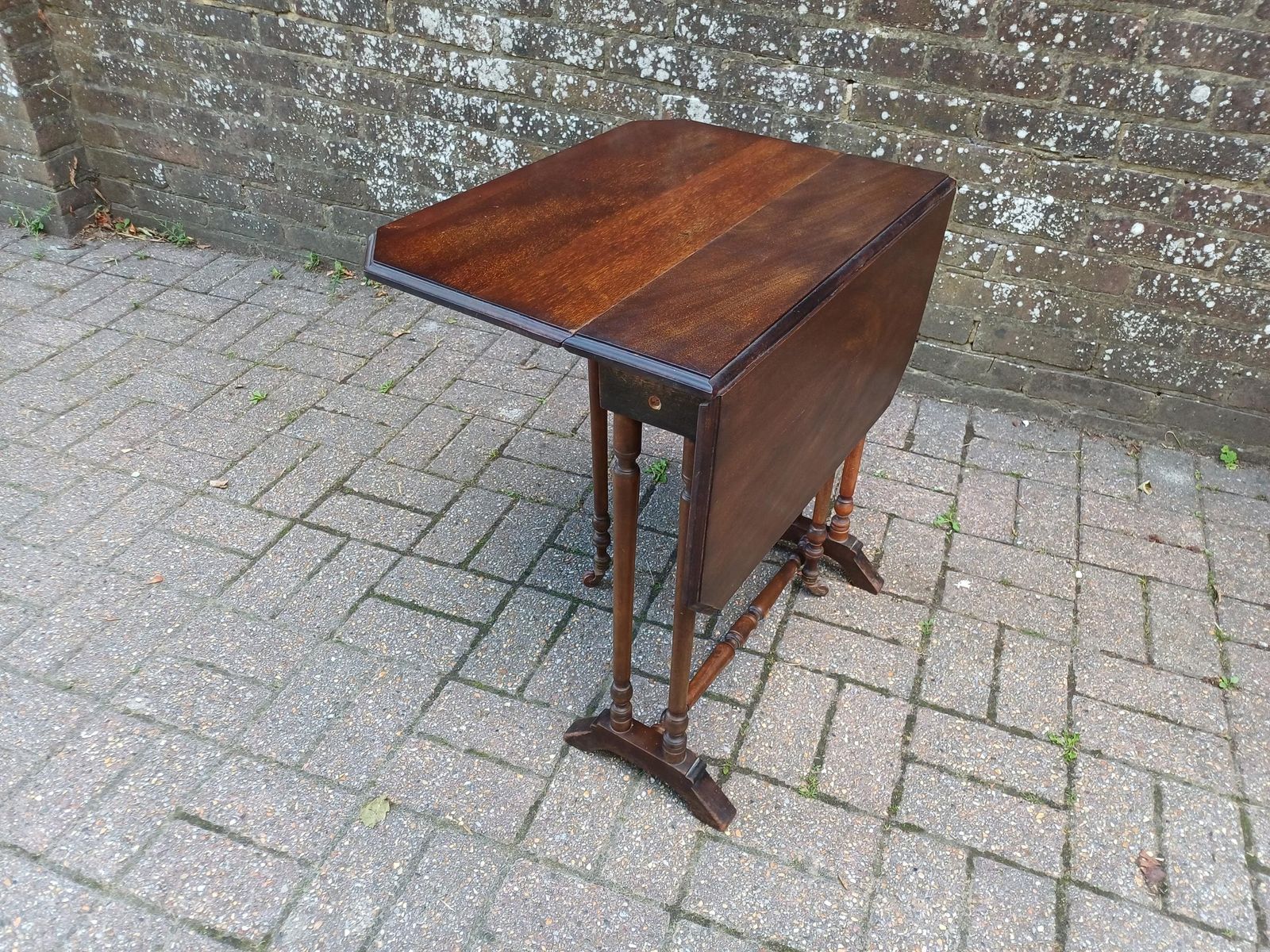 Antique Solid Mahogany Inlaid Sutherland Table 19thc Drop Leaf Folding Occasional Side Lamp Tea Table With Turned Legs & Porcelain Castors photo vintage