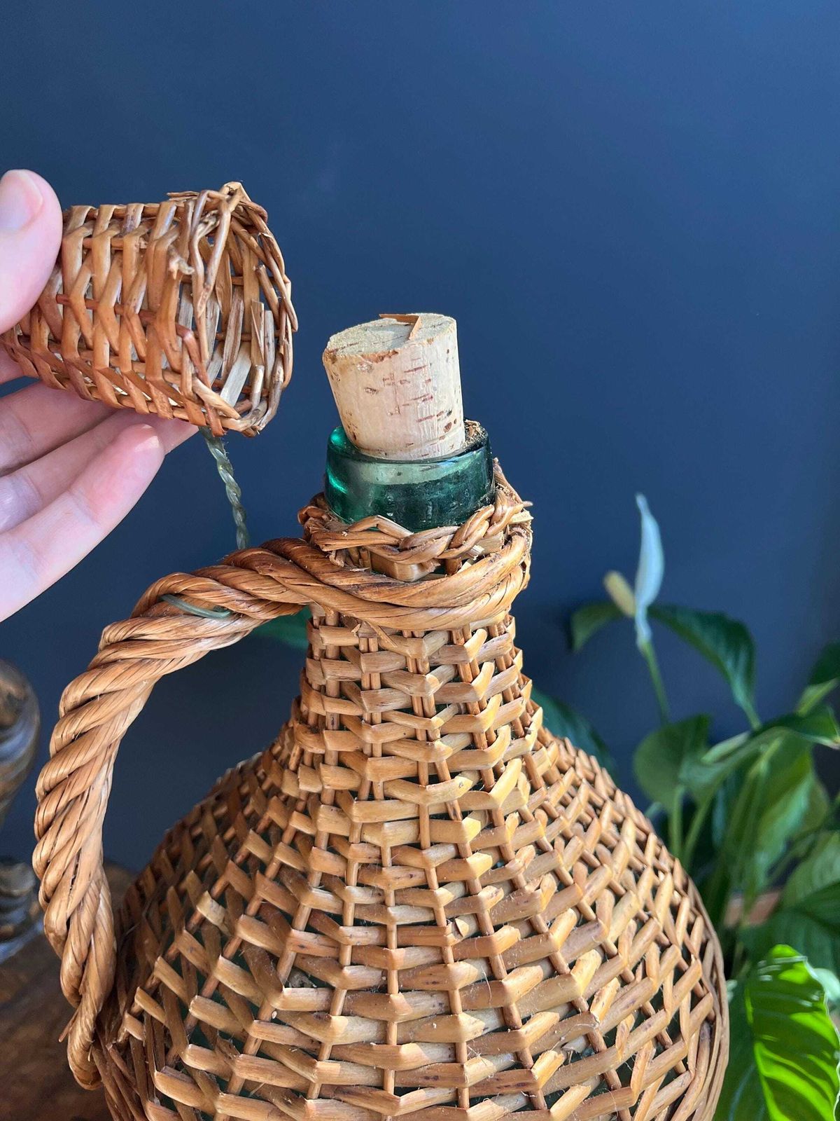 photo furniture Vintage Woven Wicker Demijohn | Rustic Farmhouse Glass Bottle | Antique Carboy With Handle | French Country Decor | Boho Wedding Vase