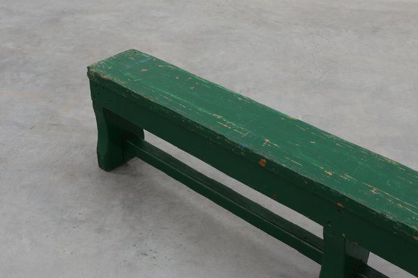 Rustic Primitive Green Farmhouse Bench In Oak, France, 1900s photo for sale