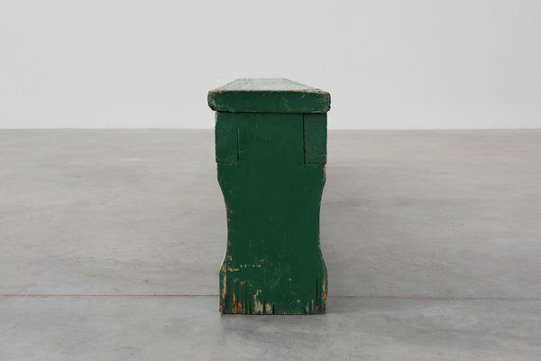 Furniture Rustic Primitive Green Farmhouse Bench In Oak, France, 1900s photo