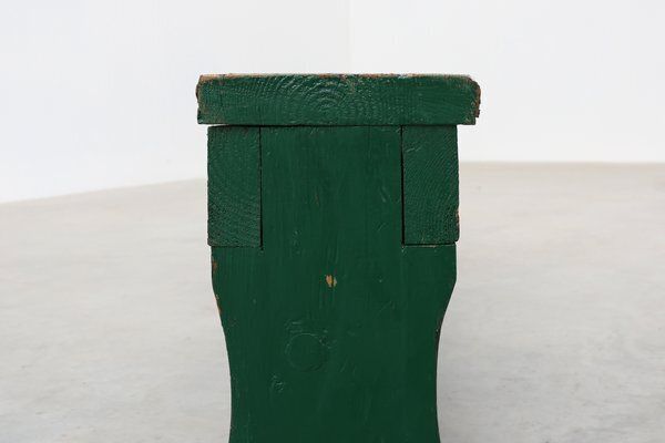 Furniture Rustic Primitive Green Farmhouse Bench In Oak, France, 1900s photo