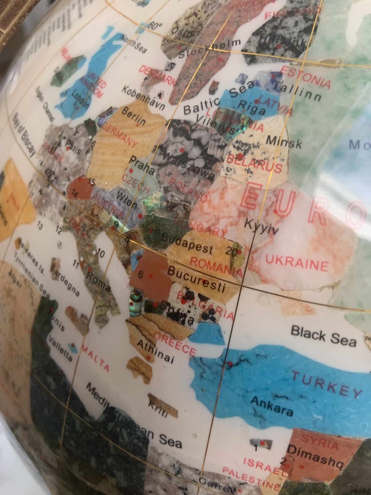 Mid 20th Century Pietra Dura World Globe With Brass Meridian & Footed Stand photo Art