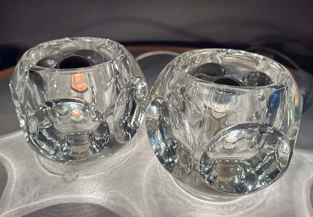 Pair Of 1970s German Peill & Putzler Clear Circular Concave Glass Table Lamps photo for sale