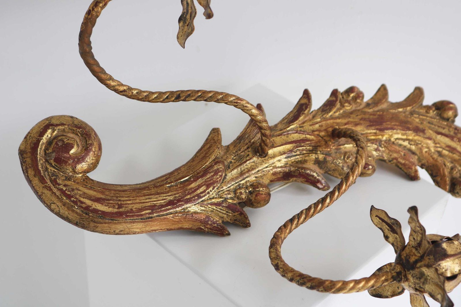 photo furniture Antique Italian Florentine Giltwood Leaf Wall Sconces, 1940s, Set Of 2