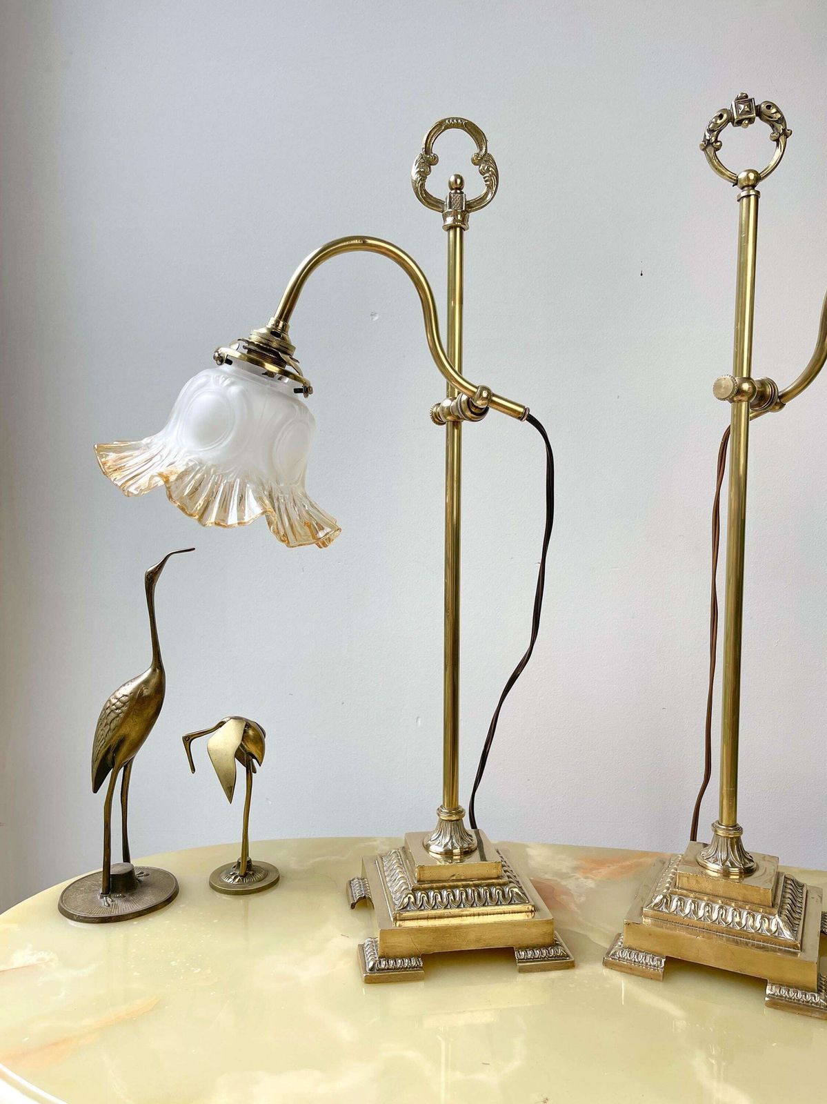 Pair Of Art Deco Swan Neck Desk Lamps – Gilded Brass & Glass Tulip 20s/30s – Vintage Articulated Lamps photo furniture